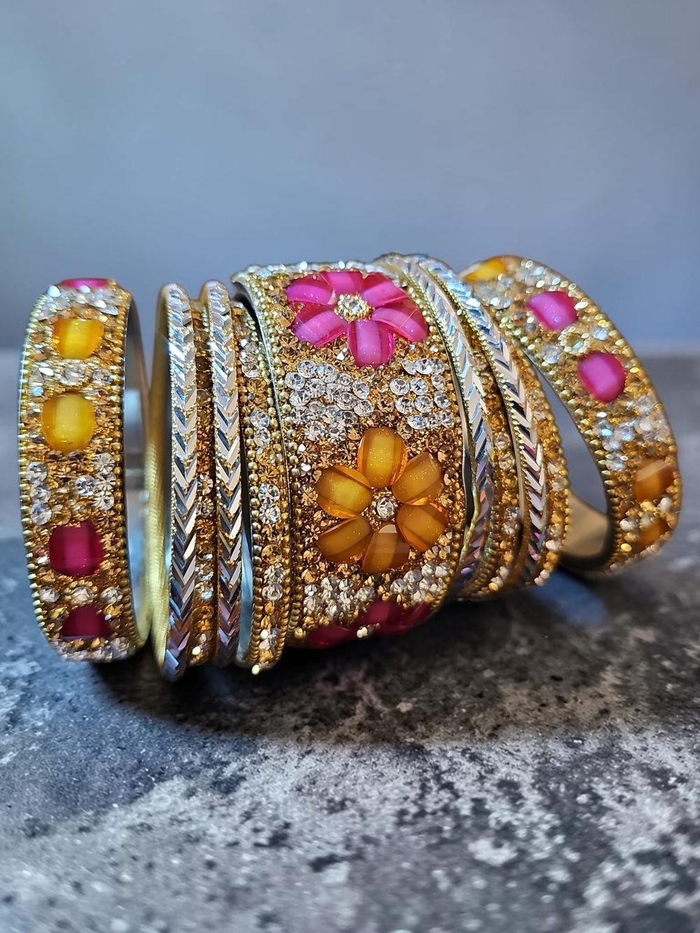 S.B. Gold Floral Crystal Bangle 11  Bracelet Set with Pink and Yellow Accents